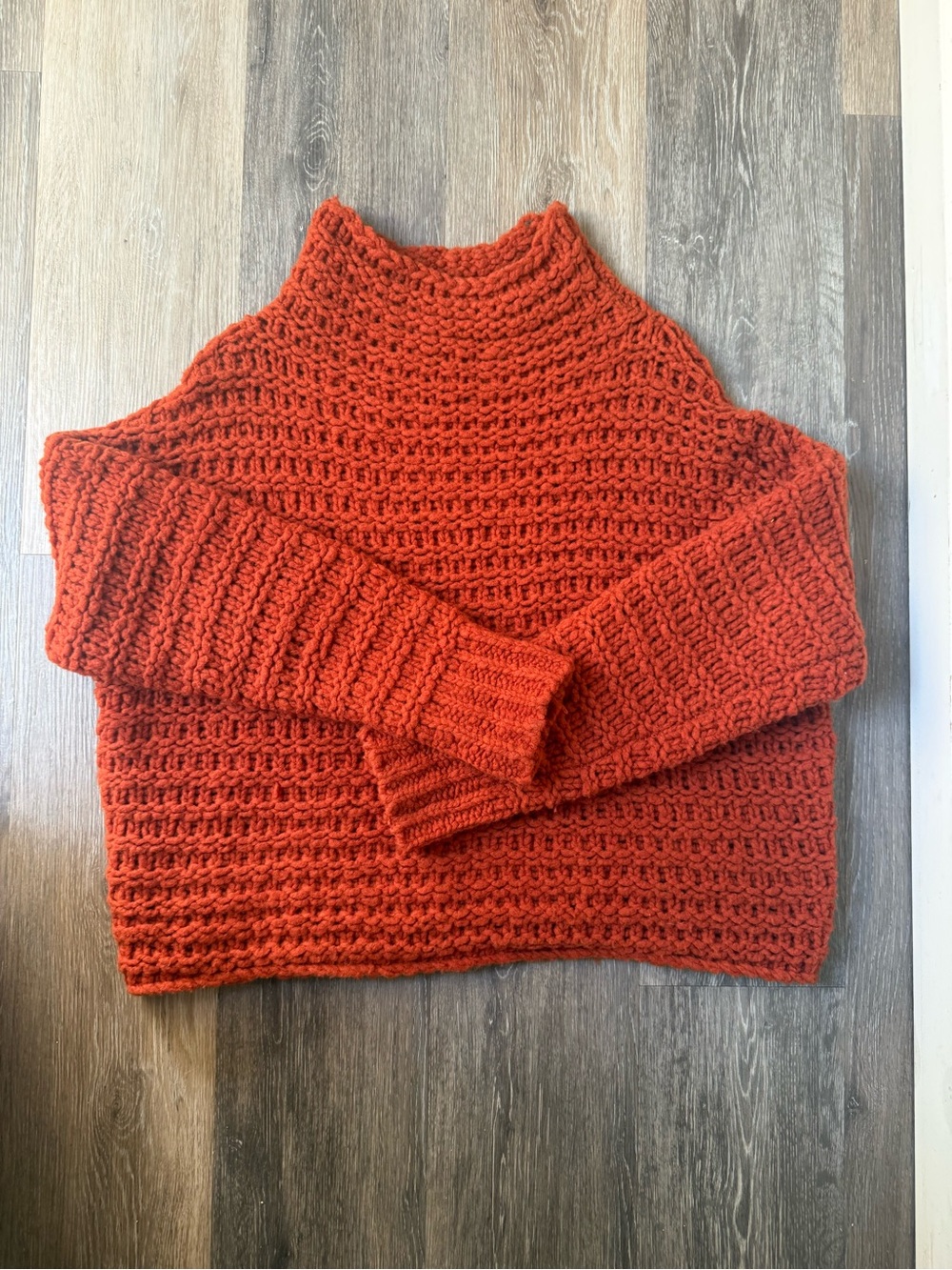 Free People Chunky Crochet Turtleneck Sweater in Rust